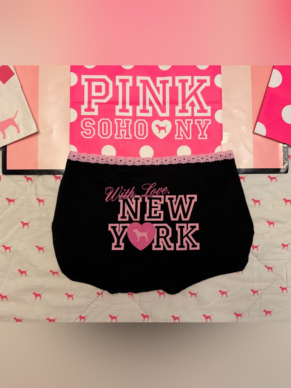 VS PINK SOHO NYC STORE EXCLUSIVE “WITH LOVE NEW YORK” LACE BOY SHORT PANTY RARE